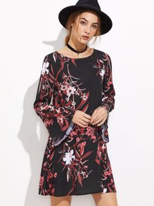 Black Botanical Print Bell Sleeve A Line Dress