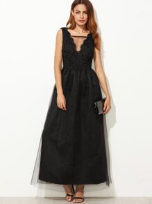 Black Mesh Overlay Scallop V Neck Embroidered Dress