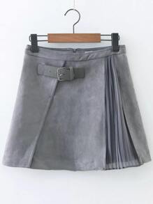 Grey Pleated A Line Suede Skirt With Buckle