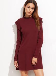 Burgundy Long Sleeve Tee Dress With Frill Detail