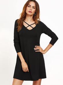 Black Caged V Neck Swing Dress