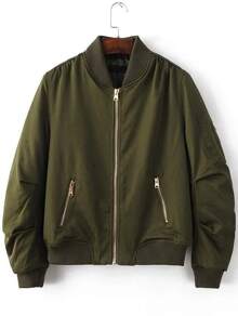 Army Green Ribbed Trim Bomber Quilted Jacket