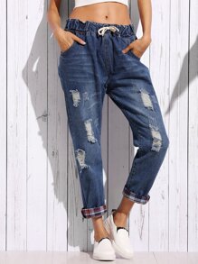 Blue Distressed Boyfriend Jeans With Plaid Lining Detail