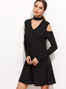 Black Choker Neck Cut Out A Line Dress