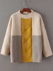 Color Block Cable Knit Drop Shoulder Sweater