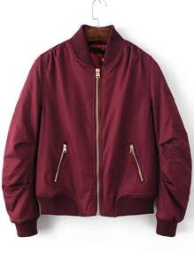 Burgundy Ribbed Trim Bomber Quilted Jacket