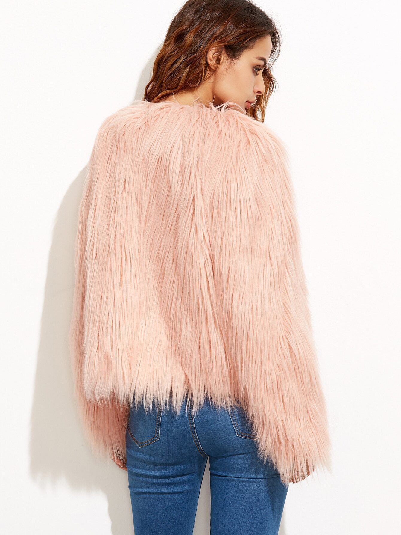 Pink Collarless Faux Fur Coat EmmaClothWomen Fast Fashion Online