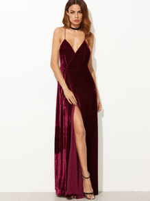 Burgundy Strappy Backless Velvet Wrap Dress