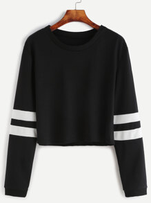 Black Varsity Striped Sleeve Crop T-shirt