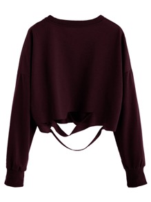 Burgundy Drop Shoulder Cut Out Crop T-shirt