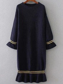 Navy Bell Sleeve Ruffle Hem Knit Dress