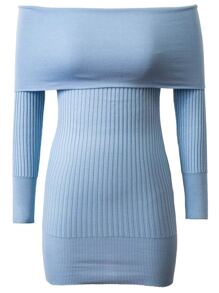 Blue Ribbed Off The Shoulder Knit Bodycon Dress