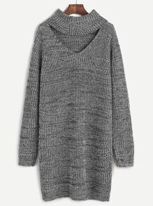 Grey Marled Knit Cutout Turtleneck Sweater Dress
