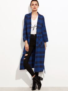 Blue Plaid Shawl Collar Pocket Front Wrap Coat