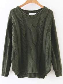 Army Green Cable Knit Asymmetrical Hem Sweater