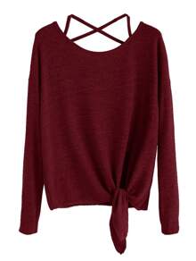 Burgundy Drop Shoulder Criss Cross Tie Front T-Shirt