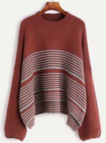 Rust Striped Drop Shoulder High Low Sweater