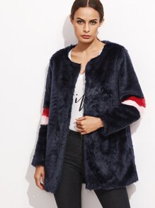 Navy Faux Fur Striped Sleeve Coat