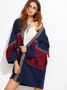 Navy Faux Suede Fringe Coat With Embroidered Tape Detail