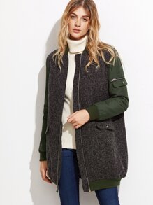 Color Block Mixed Media Zip Up Bomber Coat