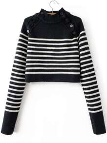 Black Striped Button Detail Mock Neck Sweater
