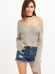 Grey Double V Neck Crop Sweater