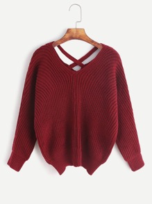 Burgundy Double V Neck Criss Cross Sweater