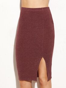 Burgundy Split Front Ribbed Pencil Skirt