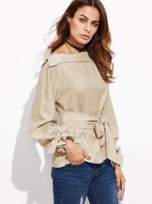 khaki Foldover Boat Neck Belted Waist And Cuff Blouse
