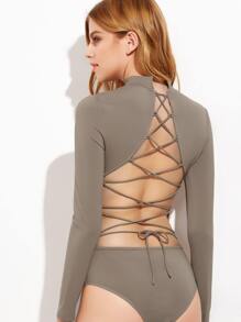 Coffee Lace Up Open Back Long Sleeve Bodysuit