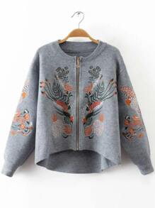 Grey Embroidery Zipper Up High Low Sweater Coat