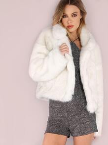 White Stand Collar Open Front Faux Fur Coat