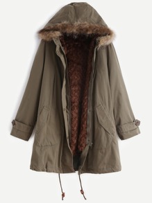 Faux Fur Trim Hooded Coat With Removable Lining