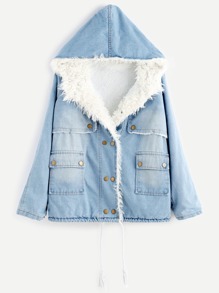 Blue Bleach Wash Faux Fur Lining Hooded Denim Coat