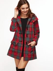 Red Plaid Flap Pocket Front Hooded Duffle Coat