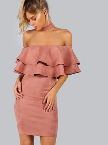 Pink Faux Suede Choker Neck Layered Ruffle Dress