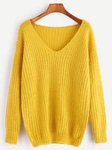 Yellow Ribbed Knit V Neck Drop Shoulder Sweater
