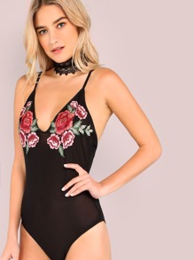 Low Back Floral Embroidery Mesh Bodysuit BLACK