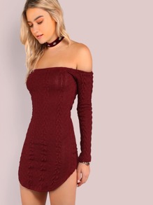 Knitted Off The Shoulder Curved Hem Dress BURGUNDY