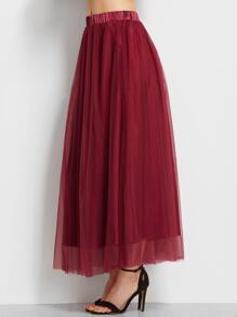 Burgundy Elastic Waist Mesh Overlay Skirt