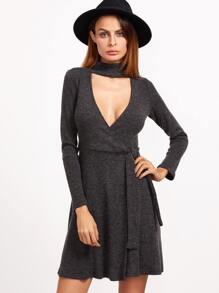 Grey Ribbed Knit Cutout Choker Surplice Wrap Dress