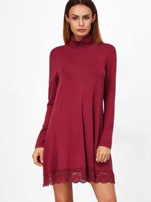 Burgundy Cowl Neck Lace Trim Shift Dress