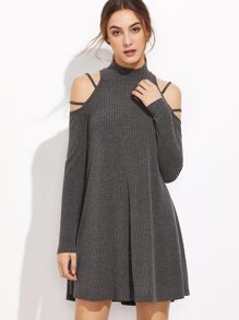 Grey Ribbed Knit Strappy Cold Shoulder Dress