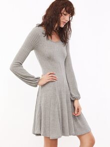Grey Ribbed Knit Scoop Neck Lantern Sleeve Swing Dress
