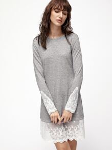 Grey Marled Knit Contrast Lace Trim Dress
