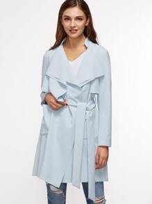 Blue Drape Collar Pocket Front Wrap Coat