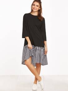 Black 3/4 Sleeve Gingham Ruffle Trim Dress