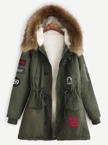 Army Green Patches Drawstring Hooded Faux Fur Trim Parka