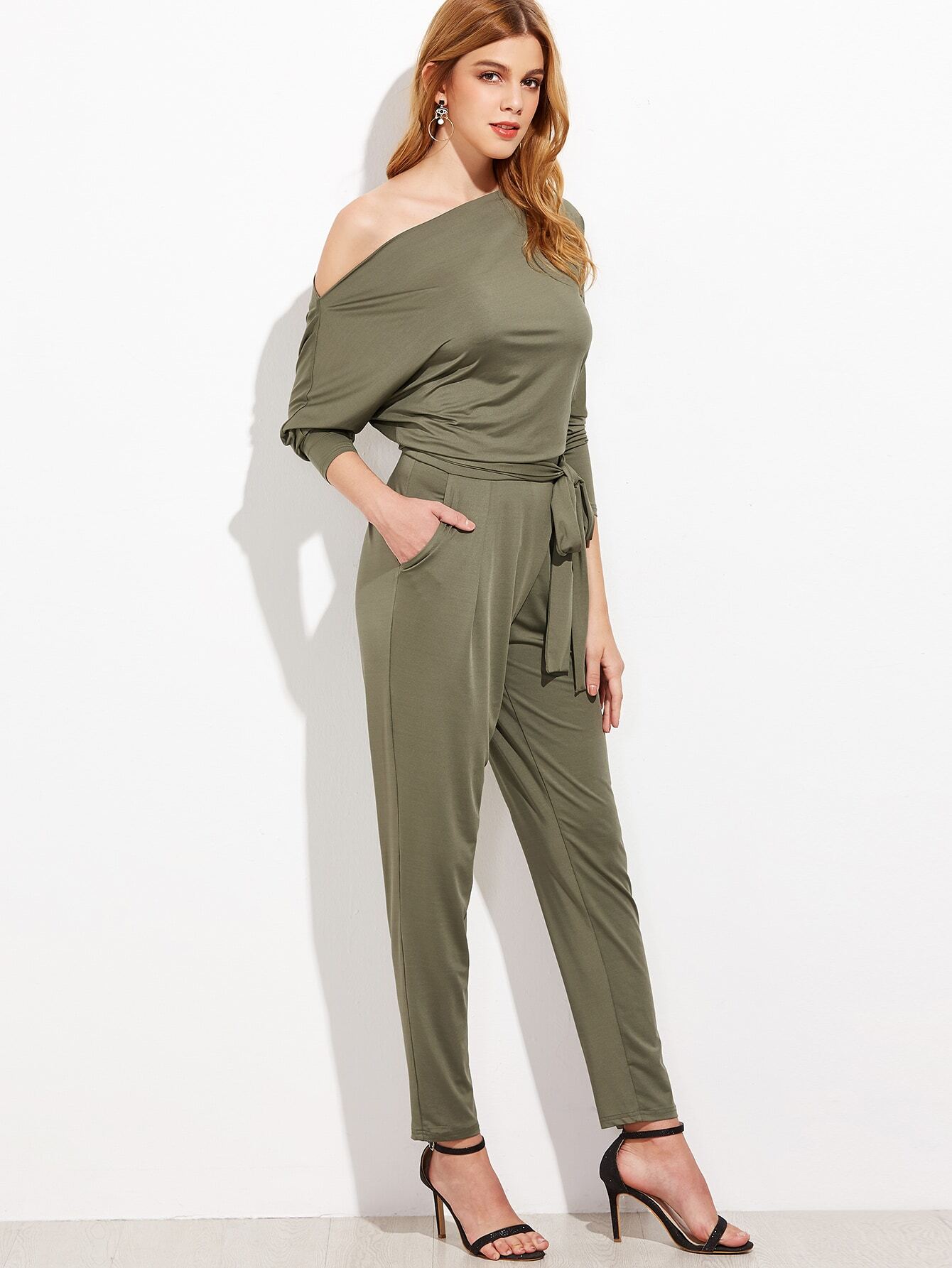 Olive Green Asymmetric Shoulder Belted Tapered Jumpsuit EmmaClothWomen