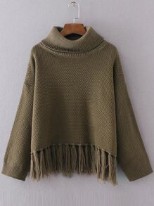 Army Green Turtleneck Drop Shoulder Fringe Hem Sweater
